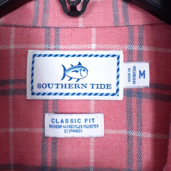 Southern Tide Mens Flannel Button Down Shirt M Pink Plaid Hemp Blend 508 - Picture 3 of 5